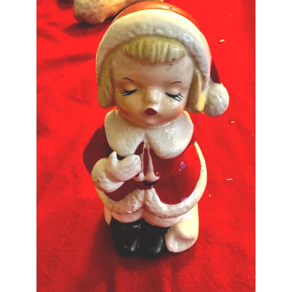 Vintage Fine A Quality Japan Ceramic Christmas Girl Figurine Santa Suit Praying